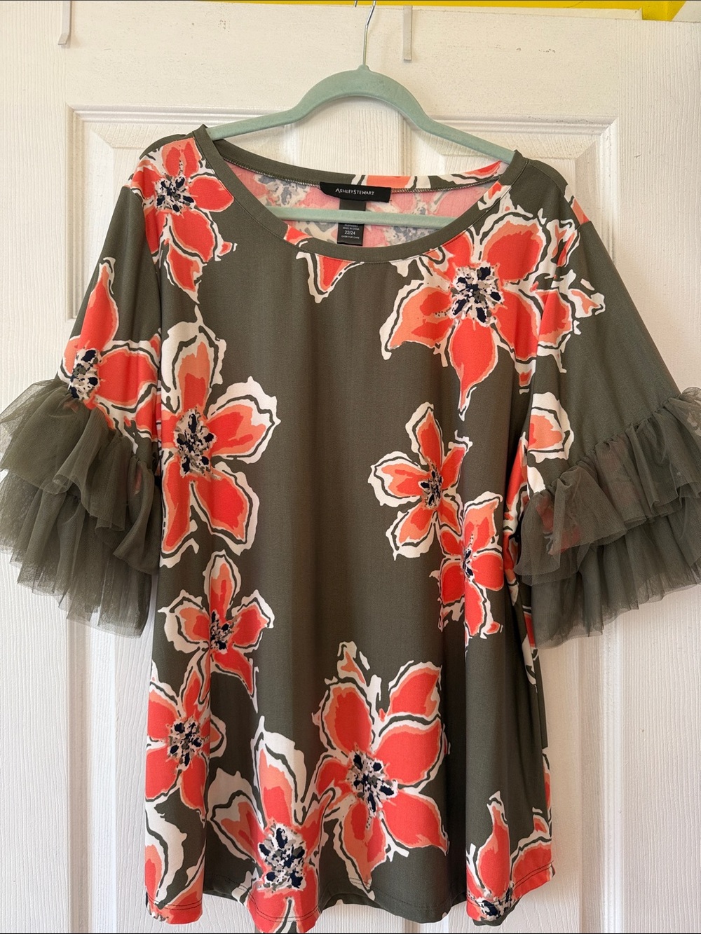 Ashley Stewart Olive Top with Coral Floral Print and Ruffle Tulle Sleeves